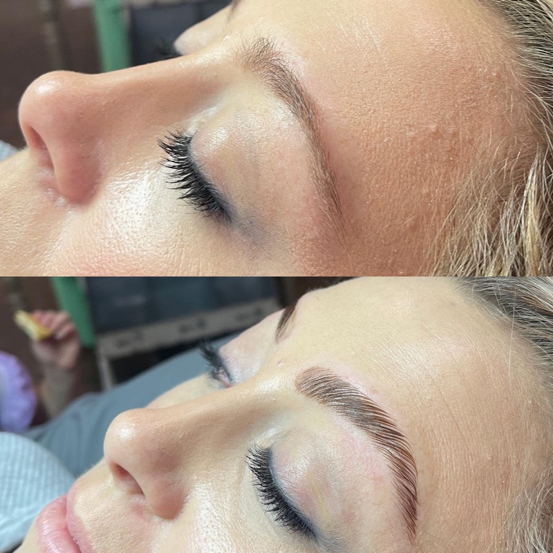 Lash lift and brow lamination, before and after