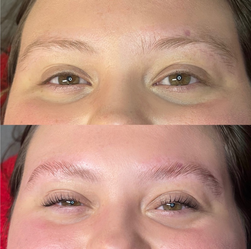 Brow lamination and lash lift, before and after
